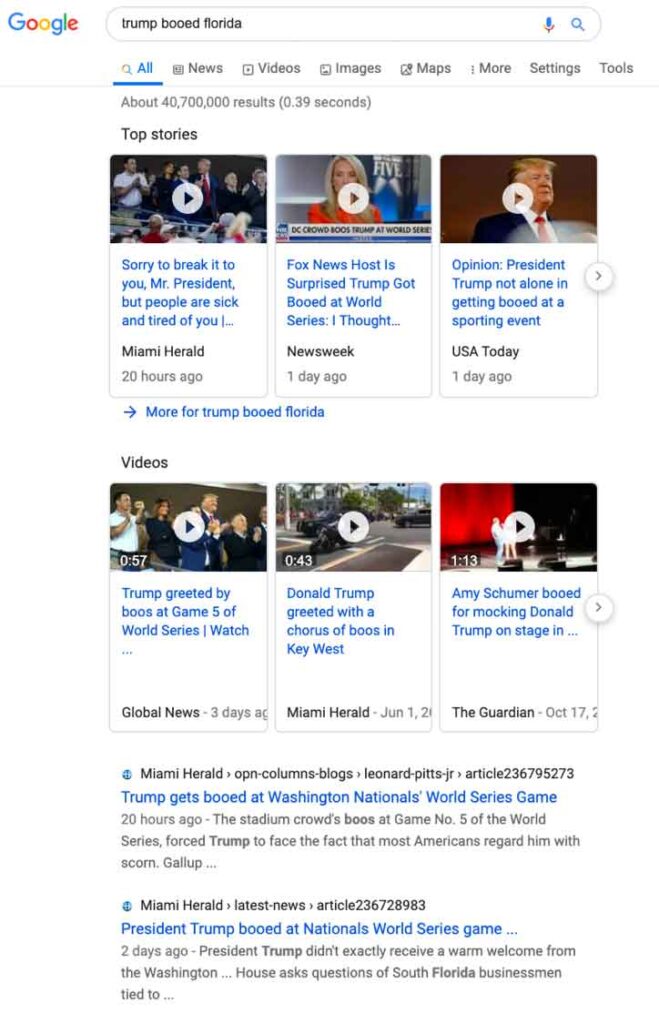 Google results for "Trump booed Florida."